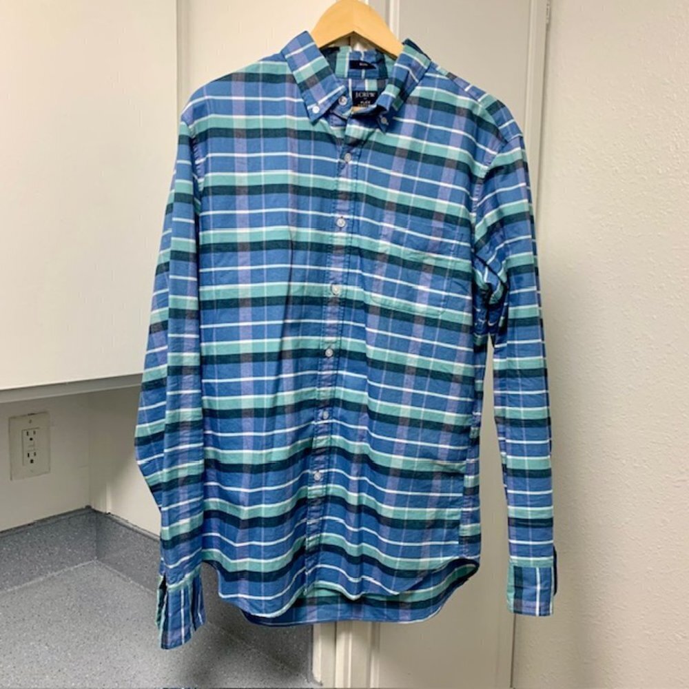 J Crew Men's Large Slim Long Sleeve Flex Oxford Shirt Plaid Blue, Green, Gray